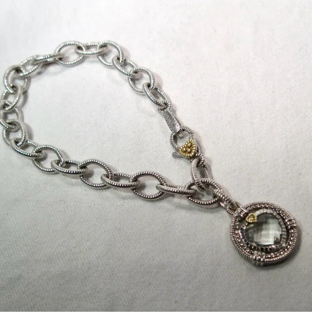 Judith Ripka Two 18K & Sterling Silver Diamond Heart Charm Bracelet 7”
